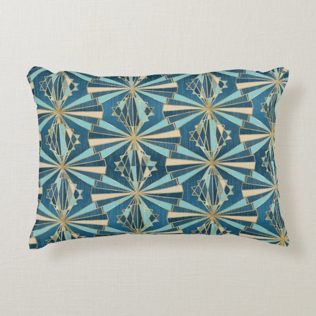Art Deco Geometric Gold, Blue & Teal Luxury Glam Decorative Cushion (Front)
