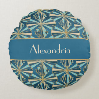 Art Deco Geometric Gold, Blue & Teal Luxury Glam Round Cushion