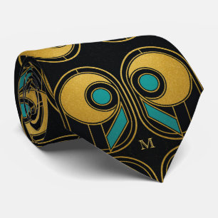 Art Deco Geometric Gold Teal Tie Elegant Monogram