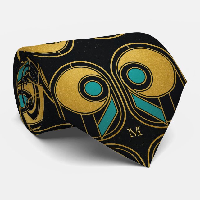 Art Deco Geometric Gold Teal Tie Elegant Monogram (Rolled)