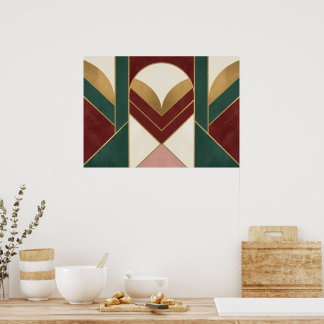 Art Deco Geometric Green Gold Chevron Poster