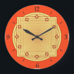 Art Deco Geometric, Mandarin Orange and Yellow Large Clock<br><div class="desc">Clock in overlapping geometric patterns,  consisting on gradient stripes,  ranging from light to deep golden yellow,  on a deep mandarin orange / tangerine background,  with 3-d look diamond shaped accents at the hours.</div>
