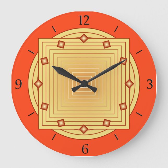 Art Deco Geometric, Mandarin Orange and Yellow Large Clock (Front)