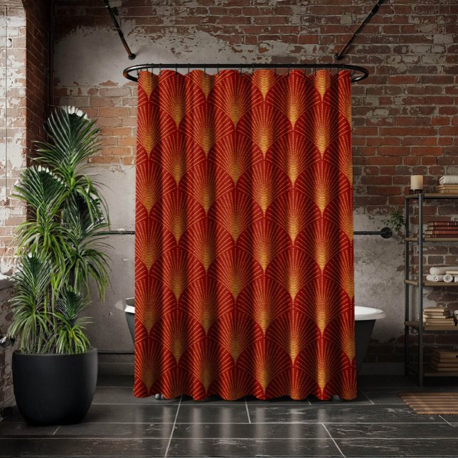 Art-Deco Geometric Pattern In Gold & Red Shower Curtain (Creator Uploaded)