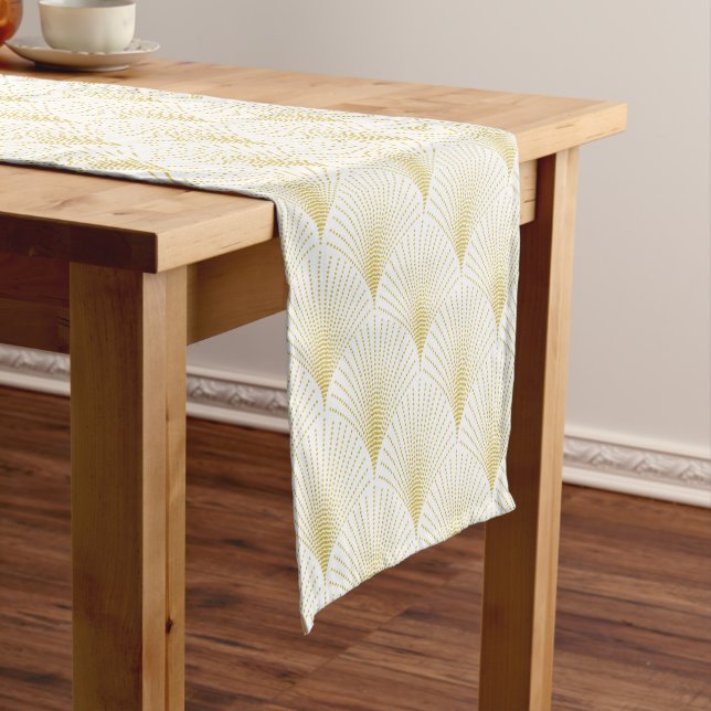 Art Deco Geometric Pattern In Gold & White Short Table Runner (In Situ)