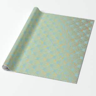 Art Deco Geometric Sea Shells Golden Blue Wrapping Paper