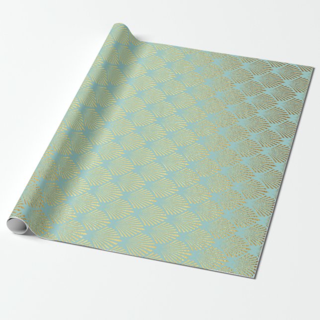 Art Deco Geometric Sea Shells Golden Blue Wrapping Paper (Unrolled)