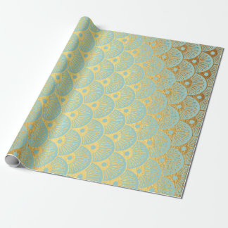 Art Deco Geometric Sea Shells Golden Mint Green Wrapping Paper