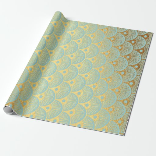 Image of Art Deco Geometric Sea Shells Golden Mint Green Wrapping Paper