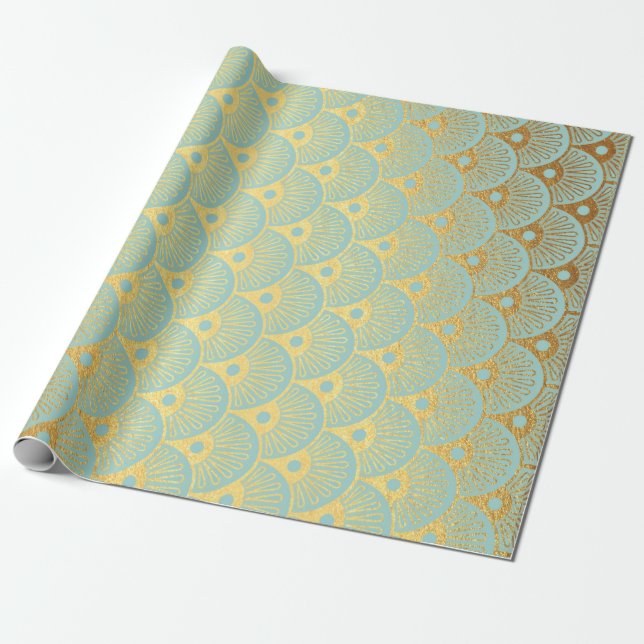 Art Deco Geometric Sea Shells Golden Mint Green Wrapping Paper (Unrolled)