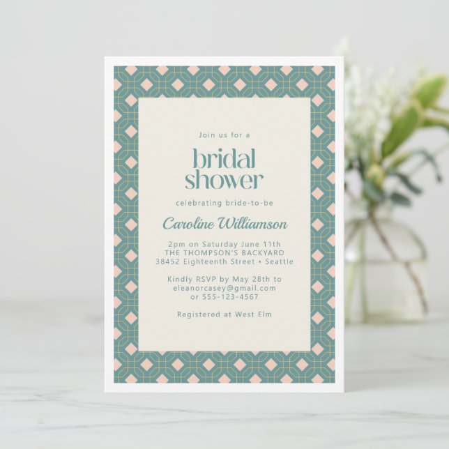Art Deco Geometric Teal and Pink Bridal Shower Invitation (Standing Front)