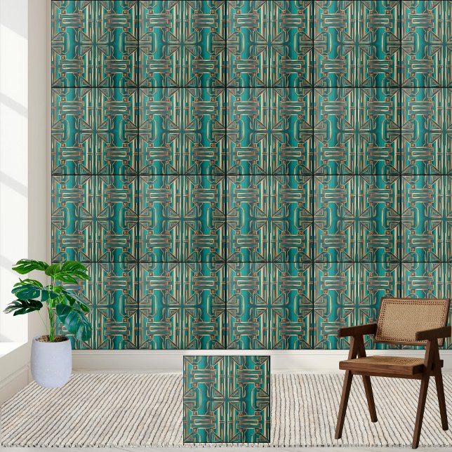 Art Deco Geometric Tile in Teal and Gold (Art Deco Geometric Tile in Teal and Gold)