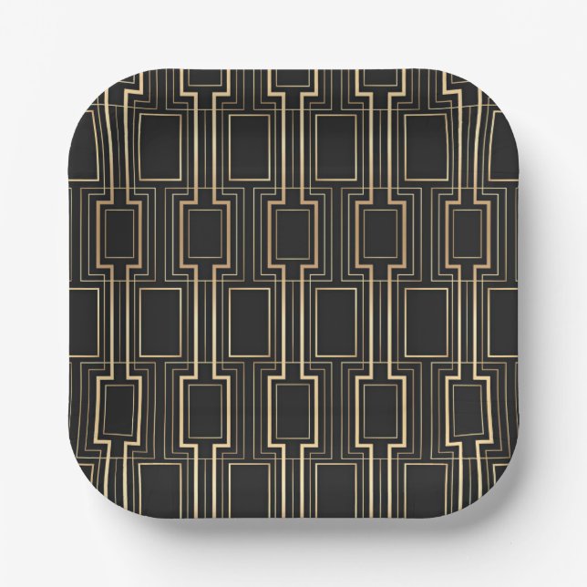 Art Deco Geometrics Black and Gold Paper Plate (Front)