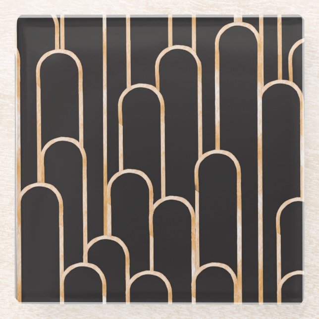 Art Deco Geometry: Gold Watercolor Wallpaper Glass Coaster (Front)
