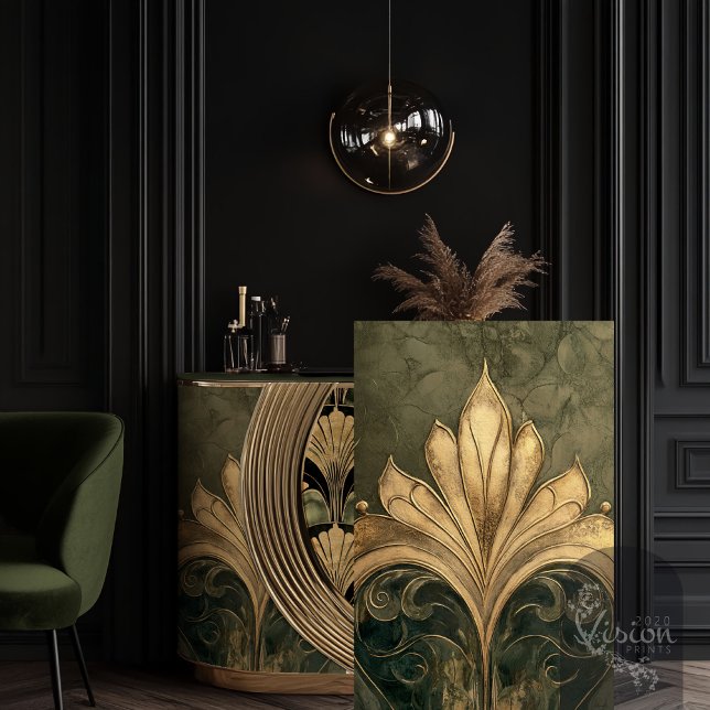 Art Deco Gilded Gold Motif Pattern Olive Green Tissue Paper (Art Deco Gold Embossed Motif 1920's Art Nouveau, Green Decoupage Tissue)