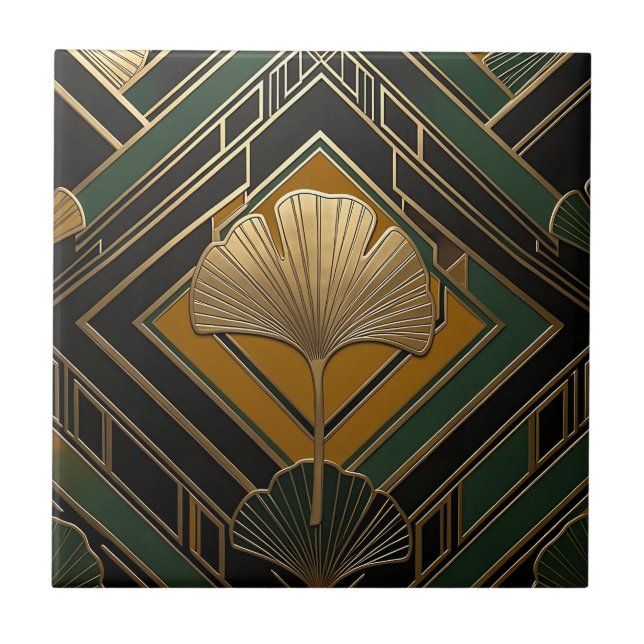 Art Deco Ginkgo Leaf Gold Geometric Pattern Tile (Front)