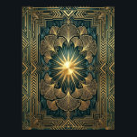 Art Deco Ginkgo Leaf Sunburst Poster | Gold Teal<br><div class="desc">Infuse your home with botanical elegance through this Art Deco Ginkgo Leaf poster. This exquisite artwork features golden-veined Ginkgo Biloba leaves radiating from a central sunburst, framed by an intricate, symmetrical geometric border. The rich teal and metallic gold color palette evokes the sophisticated luxury of the Roaring Twenties and the...</div>