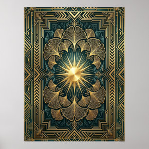 Art Deco Ginkgo Leaf Sunburst Poster   Gold Teal 