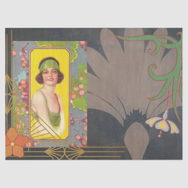 Art Deco Girl Floral Decoupage Tissue Paper (Front)