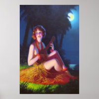 Art Deco Girl in Moonlight with Banjo
