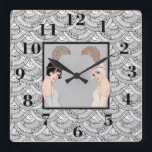 Art Deco Girls Square Wall Clock<br><div class="desc">A Beautiful Gray And Black Art Deco Square Wall Clock With Two Flapper Girls In Center.</div>