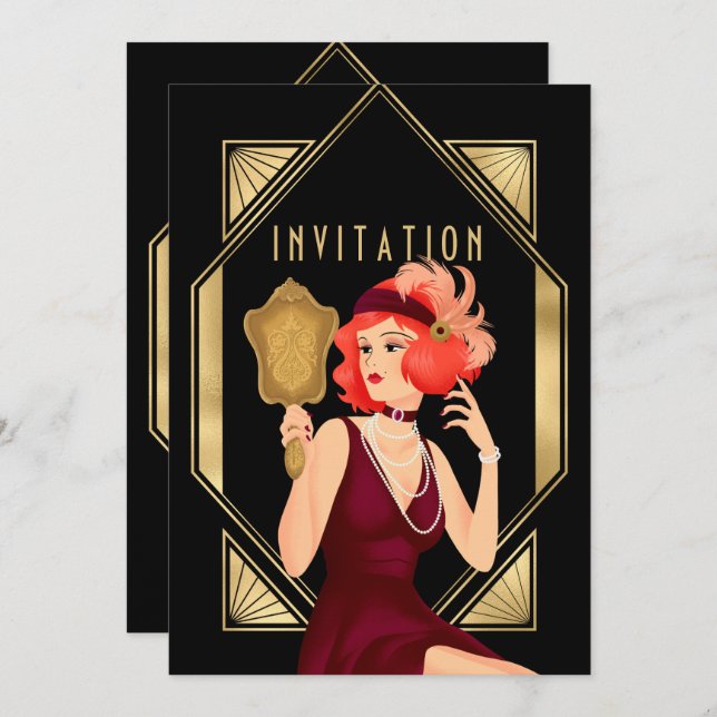 Art Deco Glam Girl 21st Birthday Gold Black Invitation (Front/Back)