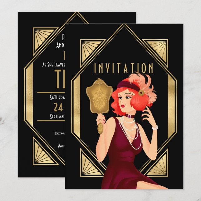 Art Deco Glam Girl 30th Birthday Gold Black Invitation (Front/Back)