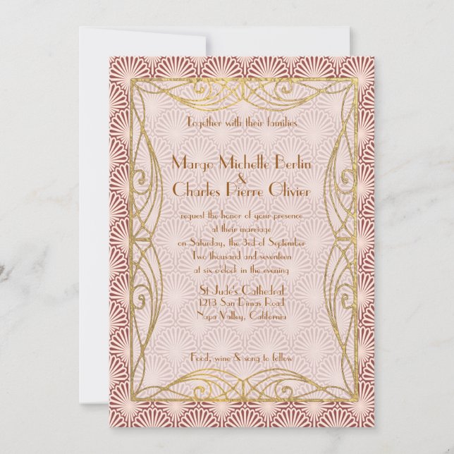 Art Deco Glam Gold Frame Pink Shell Wedding Invite (Front)