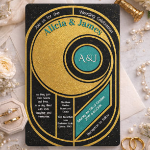 Art Deco Glam Gold & Teal Wedding Great Gatsby  Invitation