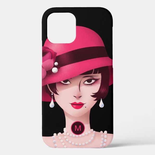 Art Deco Glam Lady Monogram Initial Black Pink Case-Mate iPhone Case (Back)