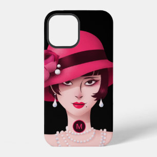 Art Deco Glam Lady Monogram Initial Black Pink iPhone 12 Case