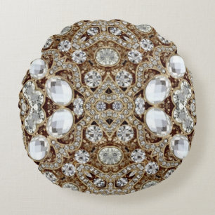  Art Deco Glamorous Vintage Fashion Beige Gold Round Cushion