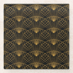 Art Deco Glamour: Golden Fan. Glass Coaster