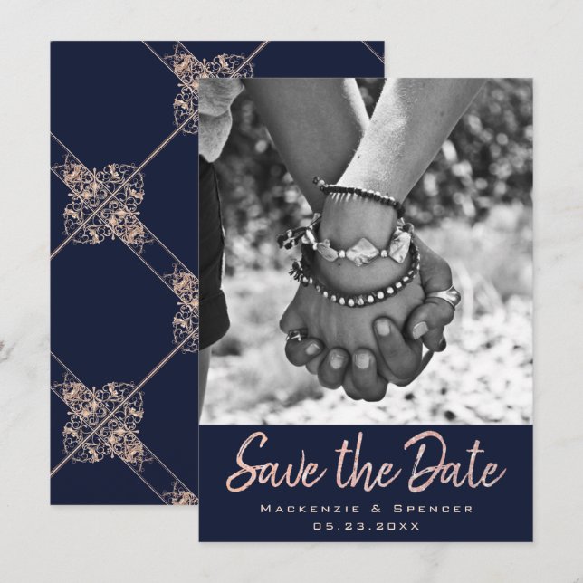 Art Deco Glamour | Navy Blue Rose Gold Blush Photo Save The Date (Front/Back)