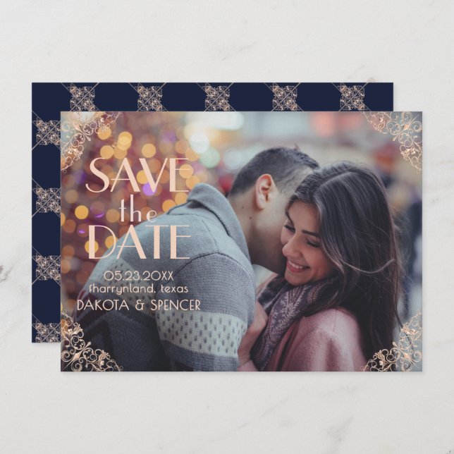 Art Deco Glamour | Navy Blue Rose Gold Ornamental Save The Date (Front/Back)
