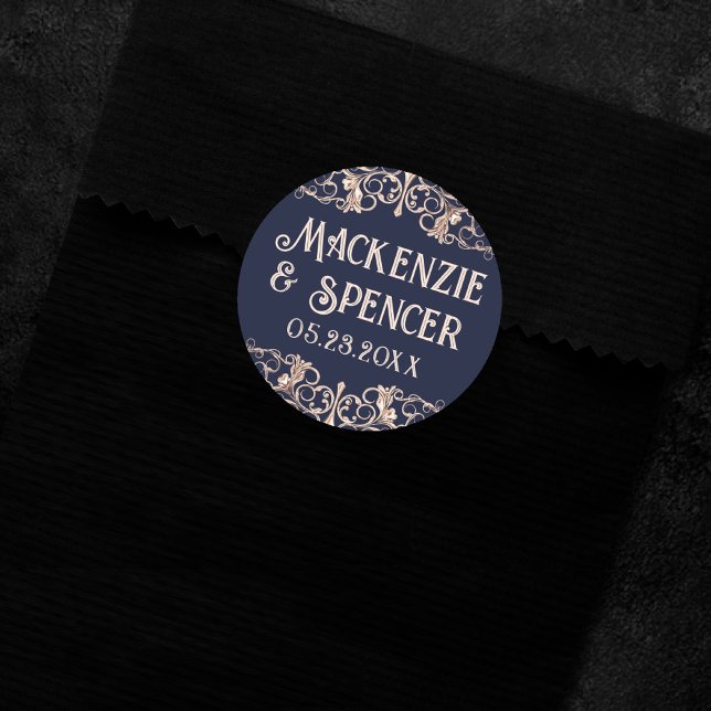 Art Deco Glamour | Navy Blue Rose Gold Wedding Classic Round Sticker (Creator Uploaded)