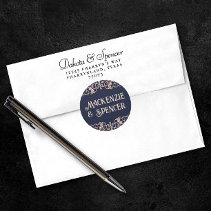 Art Deco Glamour Navy Blue Rose Gold Wedding Classic Round Sticker