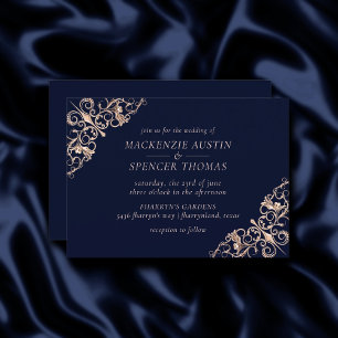 Art Deco Glamour Navy Blue Rose Gold Wedding Invitation