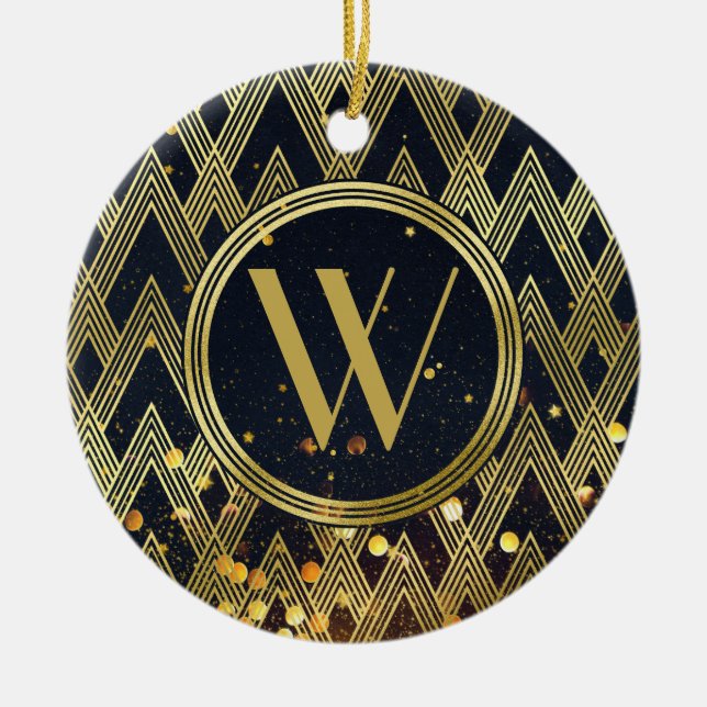 Art Deco Glamourous Geometric Pattern Monogram Ceramic Tree Decoration (Front)