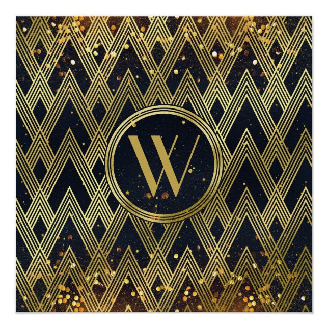 Art Deco Glamourous Geometric Pattern Monogram Poster (Front)