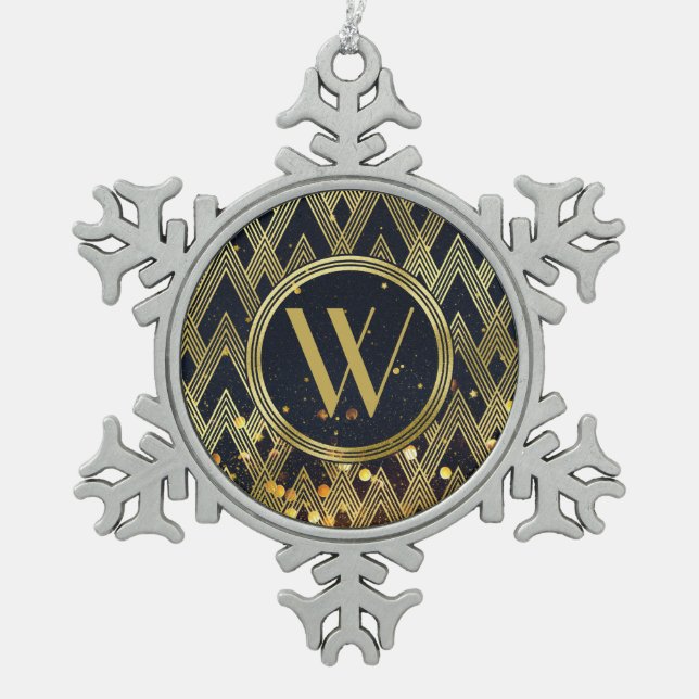 Art Deco Glamourous Geometric Pattern Monogram Snowflake Pewter Christmas Ornament (Front)