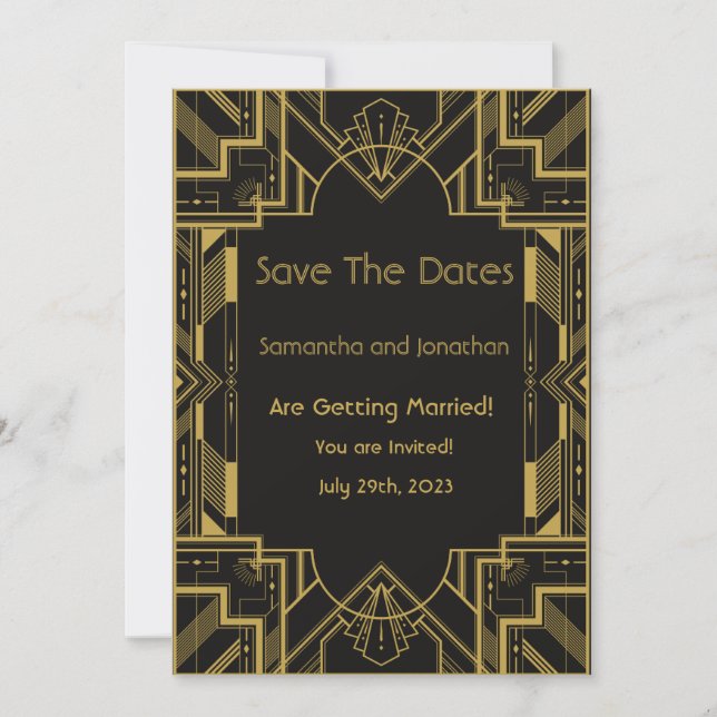 Art Deco Glamourous Gold Black Save the Date Card (Front)