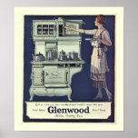 Art Deco Glenwood Stove Poster<br><div class="desc">Gorgeous Art Deco poster advertising the wonders of the Glenwood Stove which is going to make cooking so much easier.  Poster features a beautiful woman admiring her new gorgeous stove and looking very proud of her cooking accomplishments.  Note: enlarging this image may result in a poor quality print.</div>