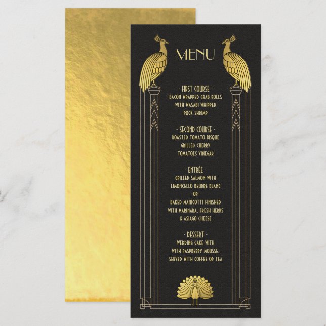 Art Deco Gold and Black Peacock Wedding menu card (Front/Back)