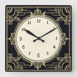 Art Deco Gold and Black Square Frame Wall Clock