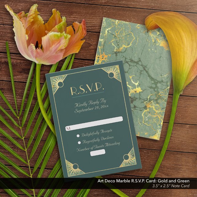 Art Deco Gold and Green Marble Wedding R.S.V.P. Card (Art Deco Gold and Green Marble Wedding R.S.V.P. Note Card)