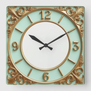 Art Deco Gold and Mint Square Wall Clock