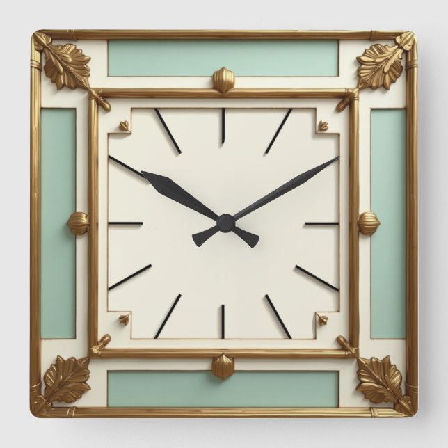Art Deco Gold and Mint Square Wall Clock (Front)