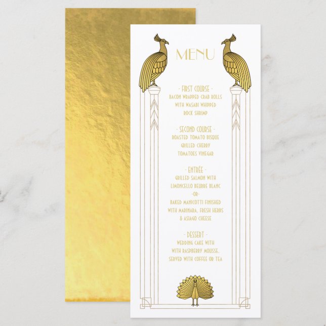 Art Deco Gold and White Peacock Wedding menu card (Front/Back)