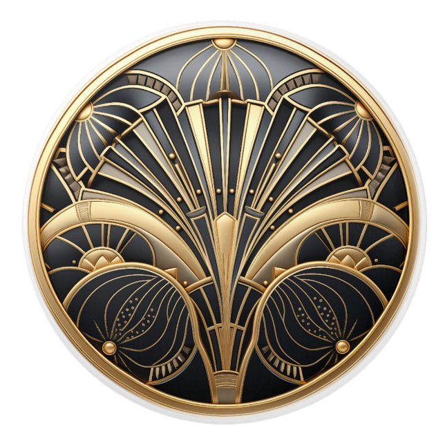 Art Deco Gold & Black Abstract Fan Design  Ceramic Knob (Front)